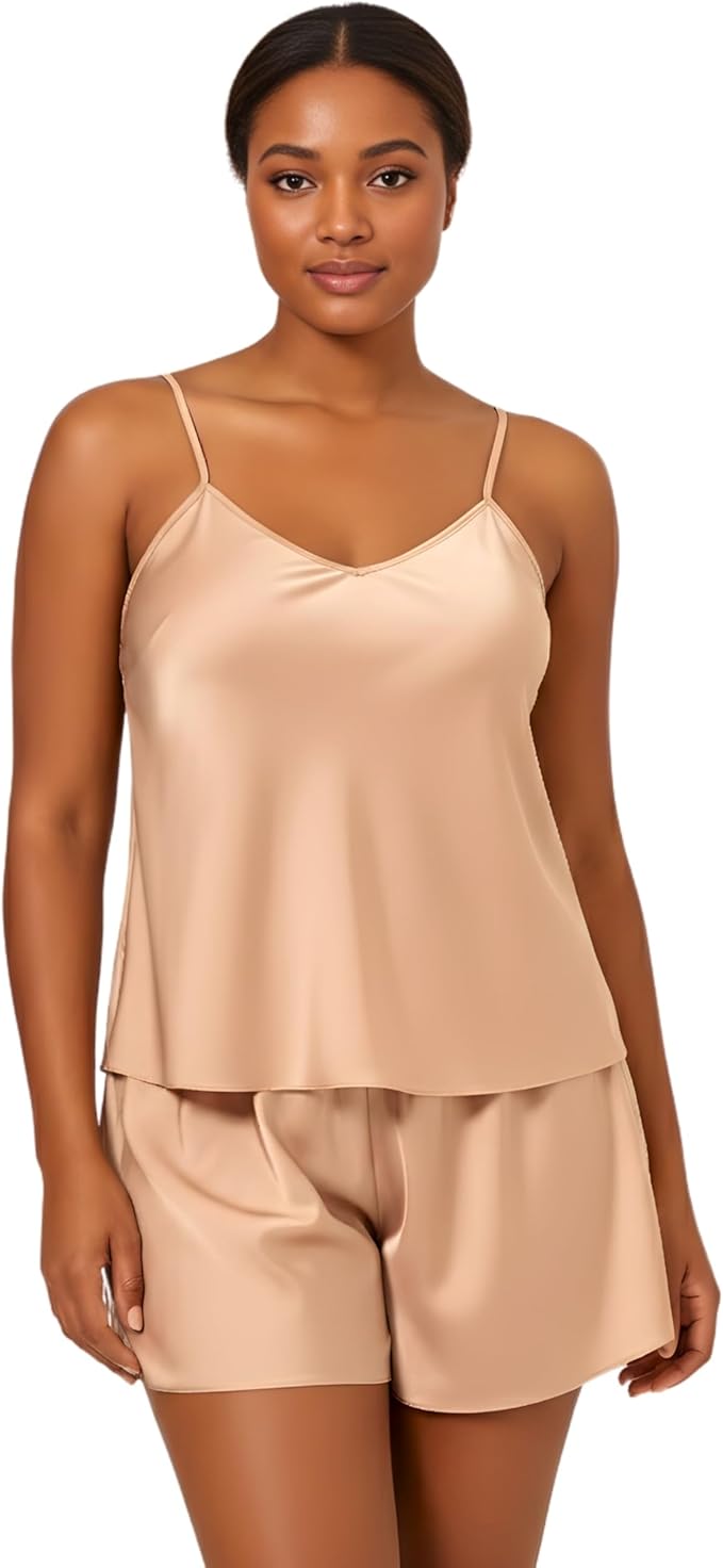 Women’s Satin Cami and Shorts Pajama Set – Silky Soft Lightweight Sleepwear with Adjustable Straps
