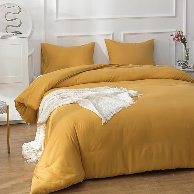 Luxlovery Mustard Yellow Comforter Set King Bedding Comforter Sets Men Women Solid Color Ginger Yellow Blanket Quilts Beathable Soft Cozy Puffy Lightweight Hotel Quailty Bedding Set