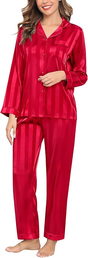 SWOMOG Womens Silk Satin Pajamas Set Long Sleeve Button Down Sleepwear 2 Piece Lounge Set Pj Set XS-3XL