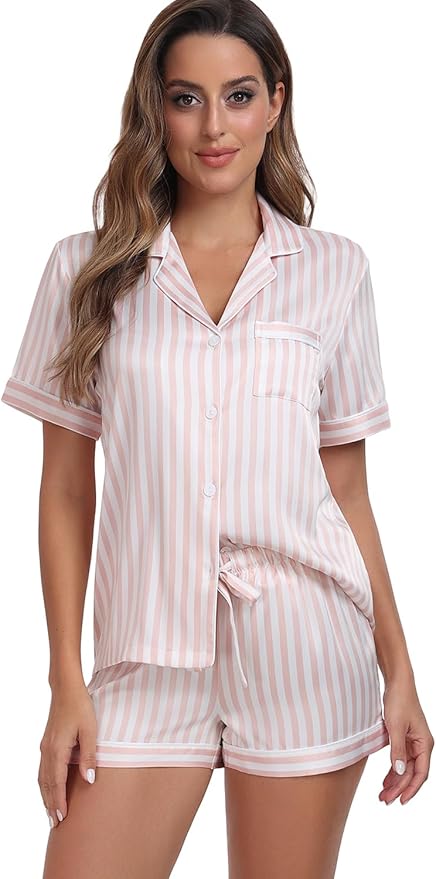 Serenedelicacy Women's Satin Pajama Set 2-Piece Sleepwear Loungewear Button Down Short Sleeve Silky PJ Set