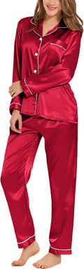 SWOMOG Womens Silk Satin Pajamas Set Long Sleeve Button Down Sleepwear 2 Piece Lounge Set Pj Set XS-3XL