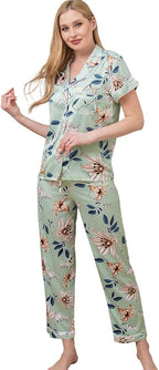 WJing Yi Jia Womens Pajamas Set XS-4XL Floral Silk Satin Pajama Sets Silky Pj Sets 2Pcs Loungewear Sleepwear Button Down Pjs