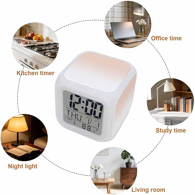 Digital Alarm Clock Peach Pink Digital Clock Date, Temperature, and Weekday Display Gradient White Battery Operated 9 Ringtones 7-Color Night Light and Snooze