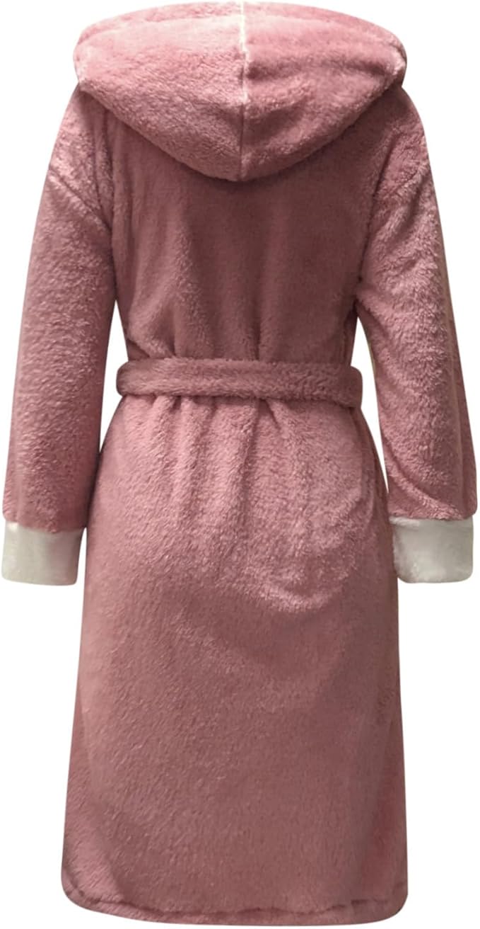 Fuzzy Plush Bathrobe Women Fashion Hooded Thicken Fleece Lined Warm Comfy Long Robe Flannel Loungewear