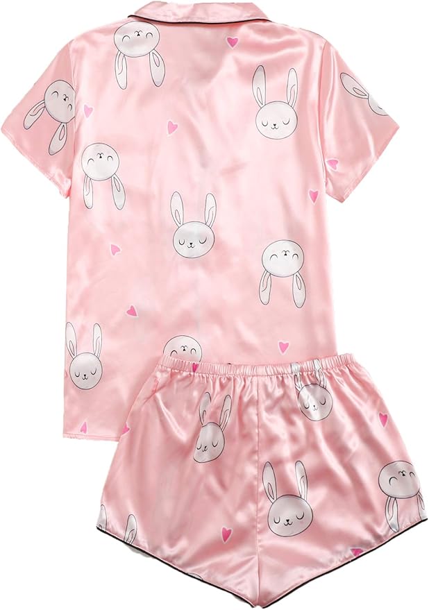 WDIRARA Women's Sleepwear Satin Short Sleeve Shirt and Shorts Pajama Set