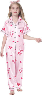 Umeyda Girls Womens Pajamas Set, Satin Silky Button Down Loungewear 2 Piece Short Sleeve Pants PJS Sets for Mommy Kids