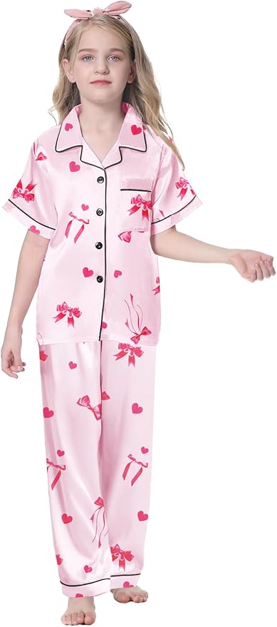 Umeyda Girls Womens Pajamas Set, Satin Silky Button Down Loungewear 2 Piece Short Sleeve Pants PJS Sets for Mommy Kids