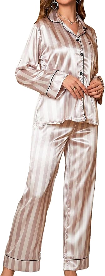 WDIRARA Women's 2 Piece Bowknot Print Satin Pajama Set Long Sleeve Button Down Lounge Pants Sleepwear Sets