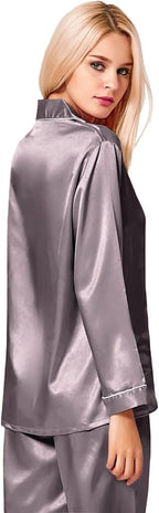 SWOMOG Womens Silk Satin Pajamas Set Long Sleeve Button Down Sleepwear 2 Piece Lounge Set Pj Set XS-3XL