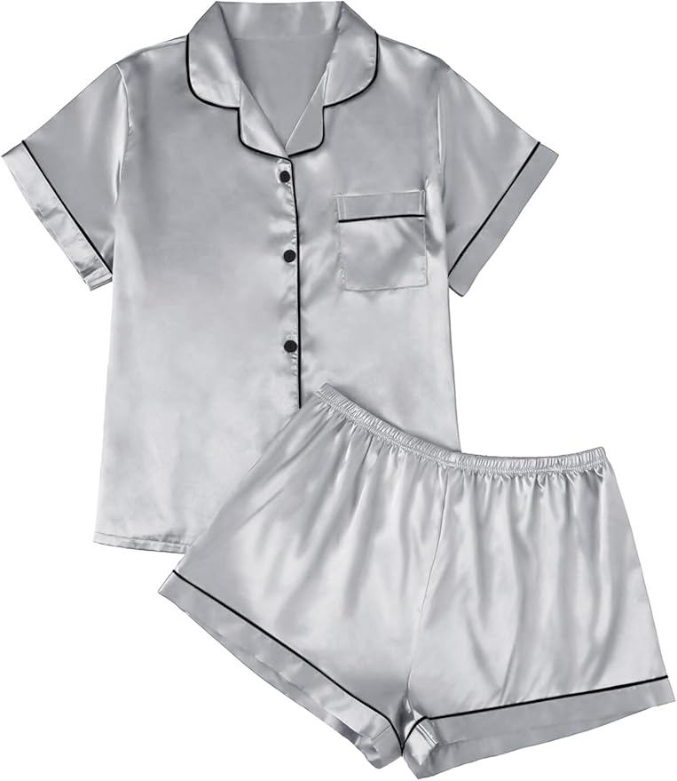 LILLUSORY Silk Satin Pajama Set for Women 2 Piece Lounge Pjs Winter Matching Summer Sleepwear Button Down Shirt Shorts