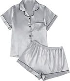LILLUSORY Silk Satin Pajama Set for Women 2 Piece Lounge Pjs Winter Matching Summer Sleepwear Button Down Shirt Shorts
