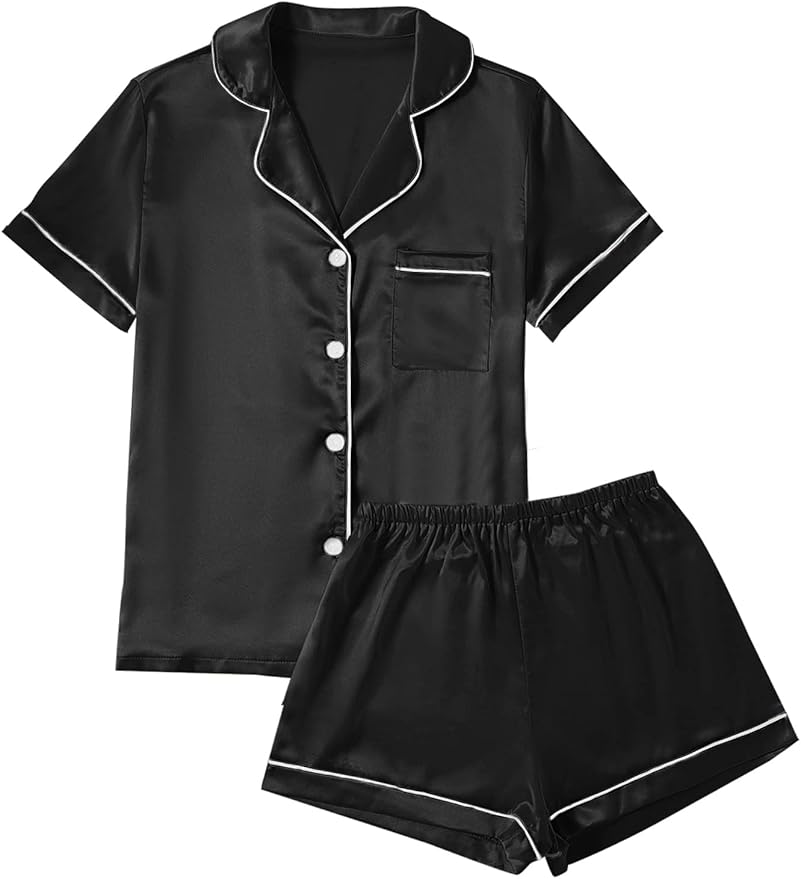 LYANER Women's Silky Satin Pajamas Set Short Sleeve Button Down Shirt With Shorts Pjs Set Sleepwear