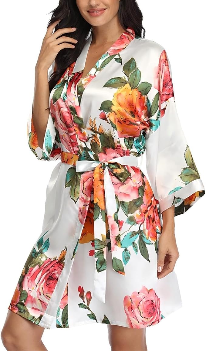 Floral Silk Robes for Women Kimono Satin Short Bath Robe Bridal Dressing Gown Bride Bridesmaids Lightweight Bathrobes