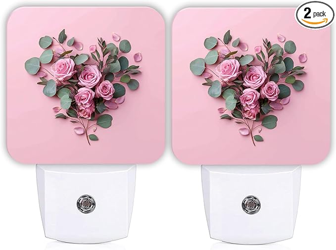 Roses Night Lights Plug Into Wall, Floral Romantic Eucalyptus Heart Shape Spring Peach Compact Plug in Outlet Night Light Led Lamp for Entryway Garage Stairs Decor 2pcs