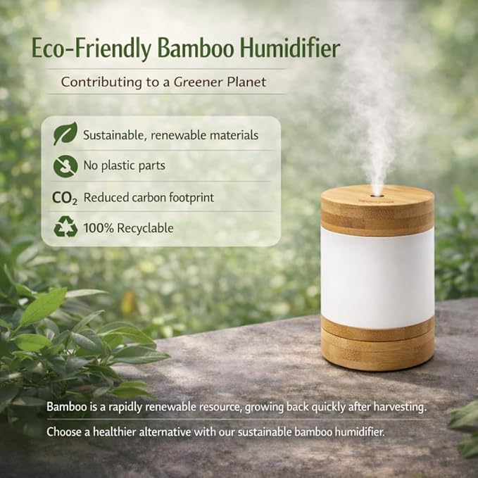 Sustainable Premium Bamboo Mini Humidifier (Improved Version) – 400ml Ultrasonic Quiet Desktop Humidifier, USB-C, Dual LED Night Light, Auto Shut-Off, Portable for Bedroom, Office & Perfect for Gift