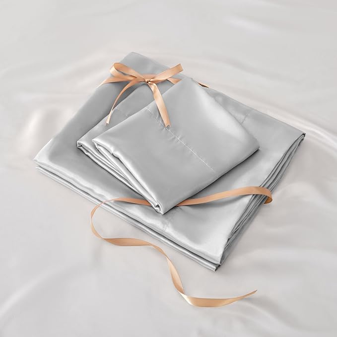 BEDELITE King Size Sheets Set, Luxury Soft Grey Satin Sheets for Hair and Skin, Similar to Silk Bed Sheets Set 4 Pieces with 1 Deep Pocket Fitted Sheet, 1 Flat Sheet, and 2 Pillowcases