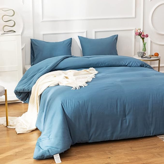 Cottonight Blue Comforter Sets Full Lake Blue Bedding Set Blanket Quilt Solid Color Modern Breathable Soft Full Bedding Comforter Sets for Women Men