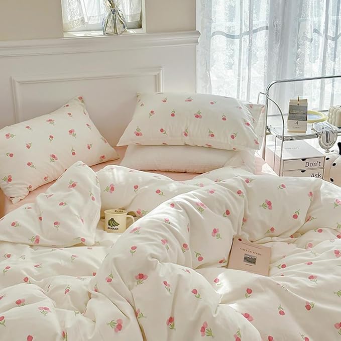 Nayoroom Pink Floral Duvet Cover Full Size Cute Tulip Printed on White Comforter Cover 3Pcs Kids Girls Kawaii Cottagecore Bedding Set with Zipper Closure Soft Breathable Microfiber