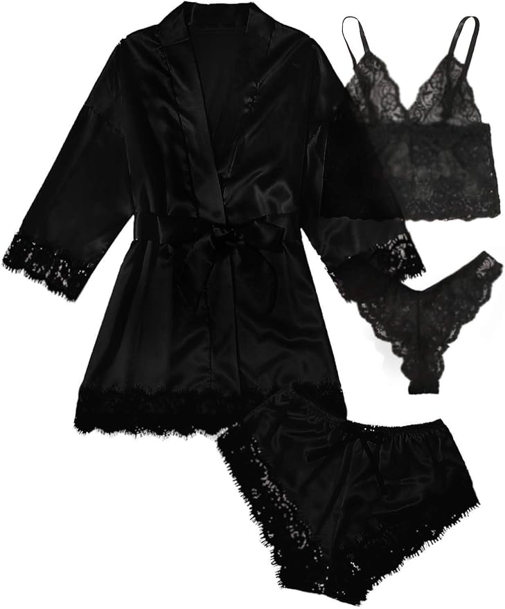 WDIRARA Women' Silk Satin Pajamas Set 4pcs Lingerie Floral Lace Cami Sleepwear with Robe