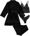 WDIRARA Women' Silk Satin Pajamas Set 4pcs Lingerie Floral Lace Cami Sleepwear with Robe