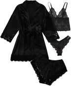 WDIRARA Women' Silk Satin Pajamas Set 4pcs Lingerie Floral Lace Cami Sleepwear with Robe