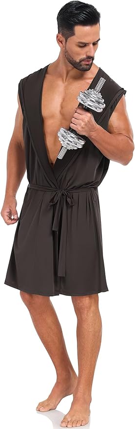 VintageClothing Men's Summer Robe with Hooded Lightweight Bathrobe House Kimono Sleeveless Sexy Sleepwear Pajamas
