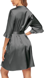 Ekouaer Women's Satin Robe Valentines Lingerie for Women Kimono Bathrobe Short Ruffle Belted Robes Bridesmaids Sleepwear