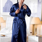 Men's Satin Robe Silky Bathrobe Soft Comfy Casual Bathrobe Fashion Comfy Solid Color Long Loungewear with Pocket