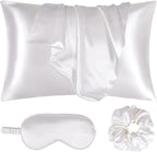 Satin Pillowcase for Hair and Skin, Vegan Silk Pillowcase Set-2 Ivory Satin Pillowcases Queen Size, 1 Eye Mask, 1 Scrunchie-Luxury Sleep Set, White Pillow Cases with Envelope Closure