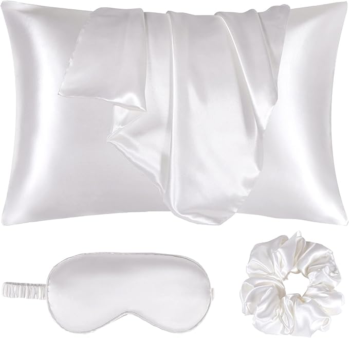 Satin Pillowcase for Hair and Skin, Vegan Silk Pillowcase Set-2 Ivory Satin Pillowcases Queen Size, 1 Eye Mask, 1 Scrunchie-Luxury Sleep Set, White Pillow Cases with Envelope Closure