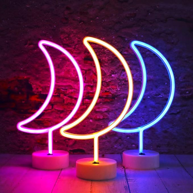Neon Moon Lights, LED Moon Decor Neon Signs Crescent Night Lights Art Decorations Lamp for Party Supplies, Children Kids Girls Gift-Holder Base(Blue)