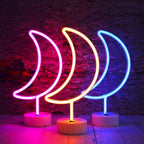 LED Neon Moon Lights, Moon Shape Neon Signs Crescent Night Lights Battery Operated Desk Table Lamp for Bedroom, Bar, Wall Decor-Holder Base(Pink)