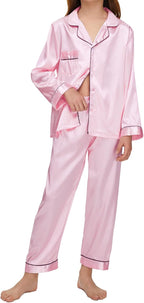 EPLAZA Kids Satin Pajamas Sets Girls Boys Button-Down Silky Pajamas Sleepwear with Hairband Eye Mask Hair Tie