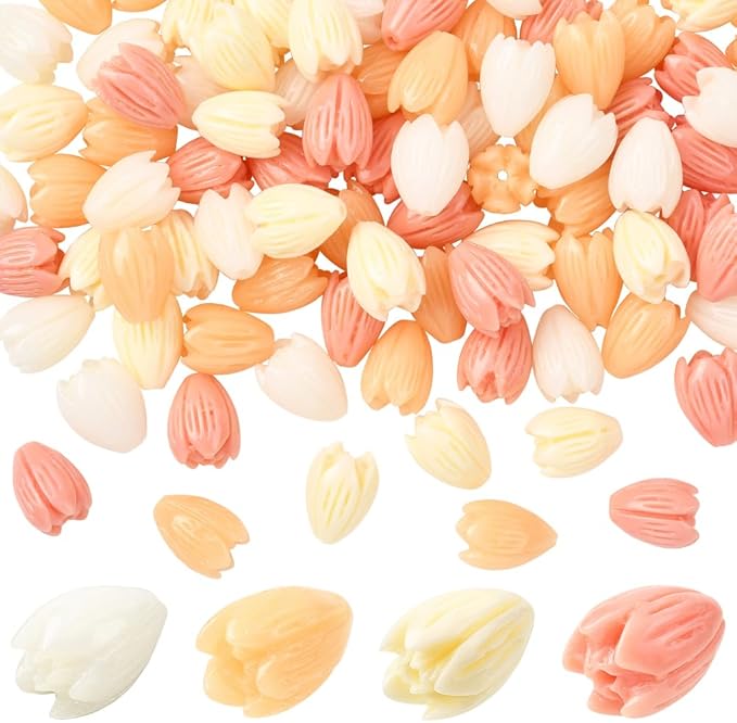 100Pcs 9x11mm Carved Flower Beads Colorful Floral Beads Assorted 3D Jasmine Synthetic Coral Dyed Crafts Smooth Loose Spacers for Jewelry Making Bracelets Necklaces DIY Projects Accessories