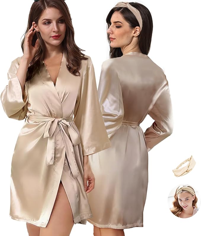 WJing Yi Jia 2Pcs Womens Floral Kimono Robe Silk Robes Bride Bridesmaid Satin Robes Bridal Dressing Gown Silky Bathrobe