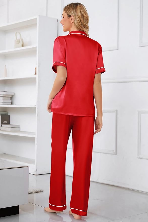 Umeyda Girls Womens Pajamas Set, Satin Silky Button Down Loungewear 2 Piece Short Sleeve Pants PJS Sets for Mommy Kids