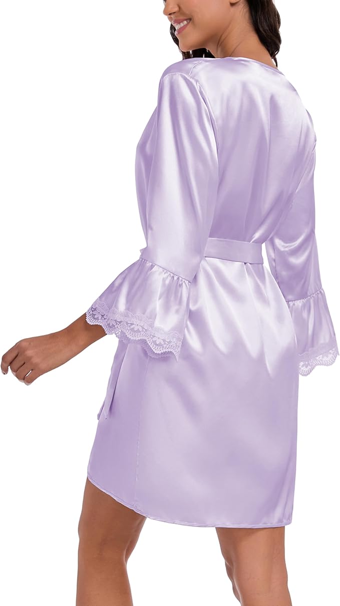 Lace Trim Satin Robes for Women Bride Bridesmaid Silky Kimono Robe Valentines Lingerie with Bell Sleeves