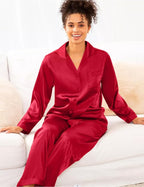 SWOMOG Long Sleeve Pajamas Set Silk Satin Sleepwear Button Down Pjs Loungewear with Pocket