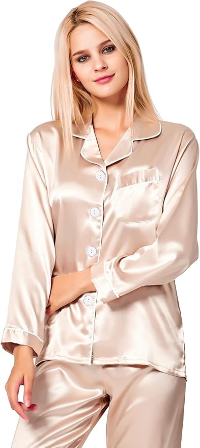 SWOMOG Womens Silk Satin Pajamas Set Long Sleeve Button Down Sleepwear 2 Piece Lounge Set Pj Set XS-3XL