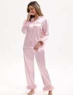 MORFORU Satin Pajama Set for Women Feather Trim Long Sleeve Pjs with Sleep Mask Headband Scrunchie Sleepwear Lounge Set