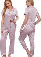 WJing Yi Jia Womens Pajamas Set XS-4XL Floral Silk Satin Pajama Sets Silky Pj Sets 2Pcs Loungewear Sleepwear Button Down Pjs