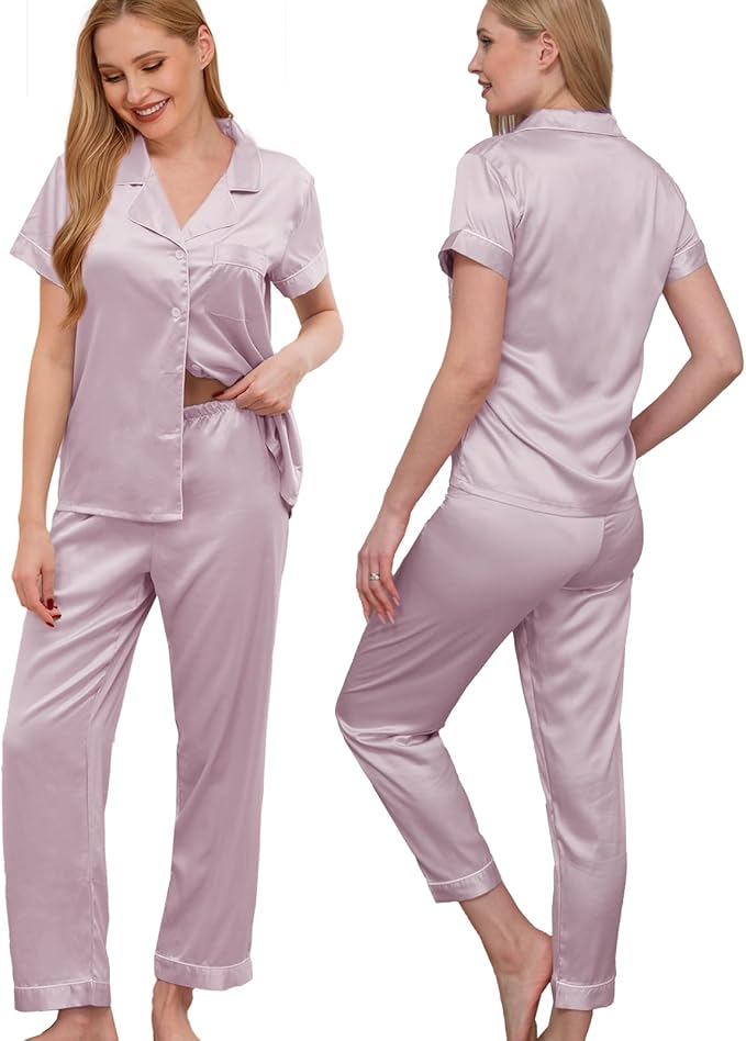 WJing Yi Jia Womens Pajamas Set XS-4XL Floral Silk Satin Pajama Sets Silky Pj Sets 2Pcs Loungewear Sleepwear Button Down Pjs