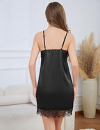Womens Silk Lingerie Robe Nightgown 2 Piece Pajamas Set Sexy Lace V Neck Cami Satin Sleepwear
