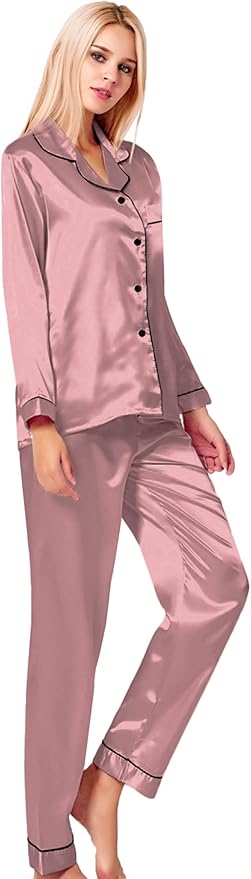 SWOMOG Womens Silk Satin Pajamas Set Long Sleeve Button Down Sleepwear 2 Piece Lounge Set Pj Set XS-3XL