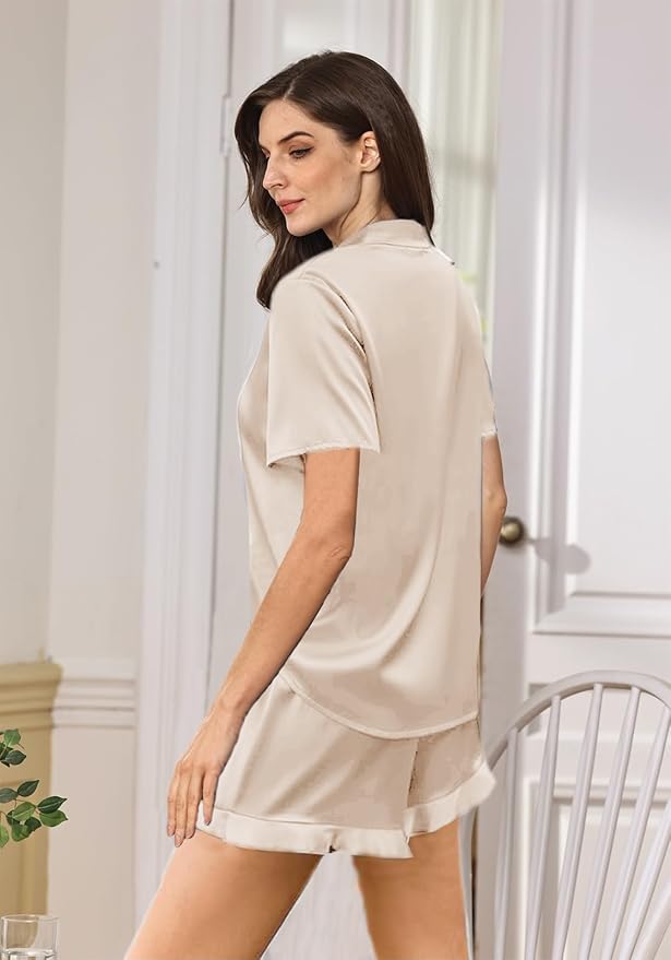 WJing Yi Jia Ruffle Pajama Sets For Women XS-4XL Womens Silk Satin Pajamas Set Silky Sleepwear Pj Sets Nightwear Loungewear