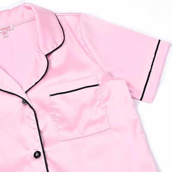 QPANCY Kids Satin Pajamas Sets Baby Boy Girl Button-Down Silk Sleepwear 2 Piece Short Sleeve Loungewear Clothes Set