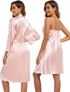BestWendding Women's Silk Robe Set 2 Pieces Pajamas Sets Sexy Soft Satin Robe with V Neck Camisole Lingerie Nightgown
