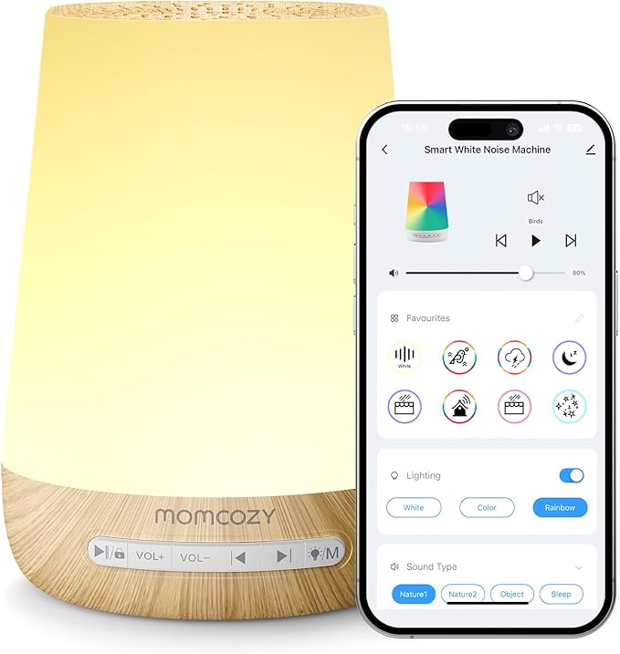 Baby Sound Machine, Momcozy White Noise Machine for Baby Sleeping with Night Light, Toddler Sleep Trainer with 34 Soothing Sounds, Timer, App Remote Control, Personal Sleep Routine(Wood Grain)