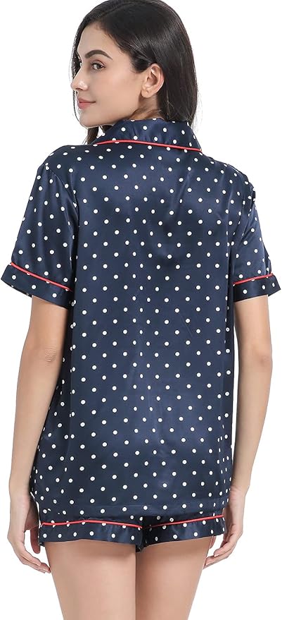 Serenedelicacy Women's Satin Pajama Set 2-Piece Sleepwear Loungewear Button Down Short Sleeve Silky PJ Set