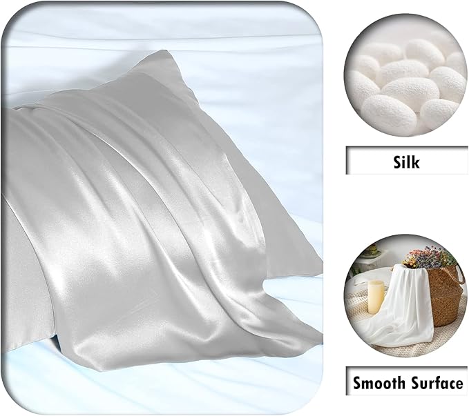 Mulberry Silk Pillowcase for Hair and Skin Pillow Case with Hidden Zipper Soft Breathable Smooth Cooling Silk Pillow Covers for Sleeping (Silver Grey, King,1Pcs)